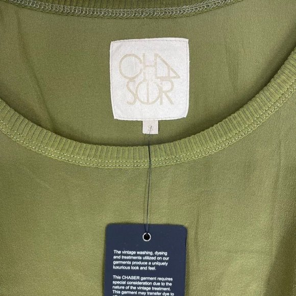 Chaser Olive Green Silk Short Sleeve Top w/Ribbed Collar Size SM - A88 - Picture 5 of 5
